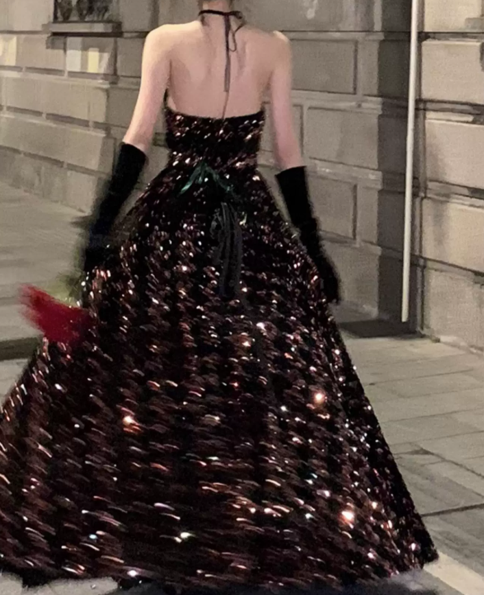 Gorgeous Strapless Prom Dress Black Sequins A-Line Evening Dress C9730