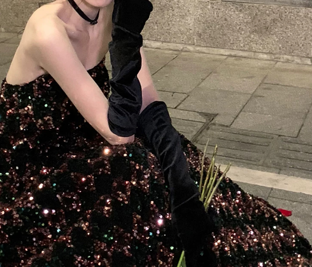 Gorgeous Strapless Prom Dress Black Sequins A-Line Evening Dress C9730