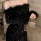 Lovely Off-Shoulder Black Mini Dress Sequins Feather Long Sleeve Bodycon Short Dress C9731