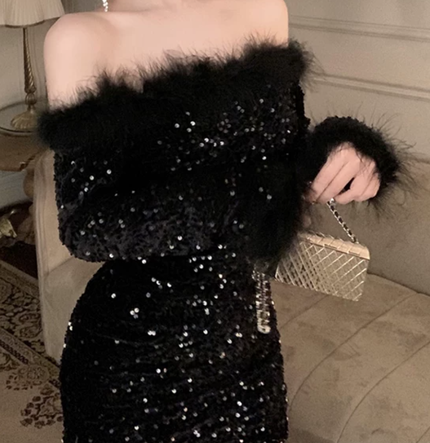 Lovely Off-Shoulder Black Mini Dress Sequins Feather Long Sleeve Bodycon Short Dress C9731
