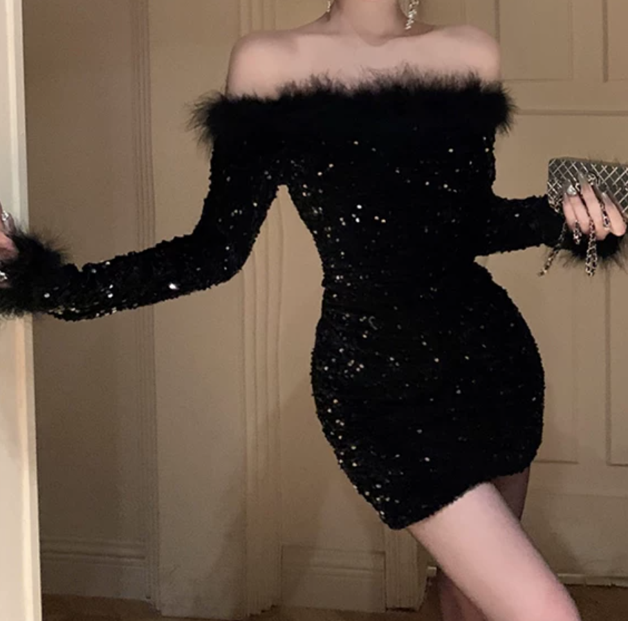 Lovely Off-Shoulder Black Mini Dress Sequins Feather Long Sleeve Bodycon Short Dress C9731