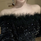 Lovely Off-Shoulder Black Mini Dress Sequins Feather Long Sleeve Bodycon Short Dress C9731