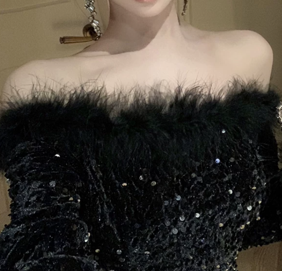 Lovely Off-Shoulder Black Mini Dress Sequins Feather Long Sleeve Bodycon Short Dress C9731