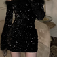 Lovely Off-Shoulder Black Mini Dress Sequins Feather Long Sleeve Bodycon Short Dress C9731