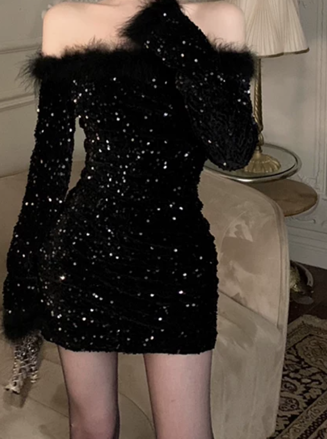 Lovely Off-Shoulder Black Mini Dress Sequins Feather Long Sleeve Bodycon Short Dress C9731