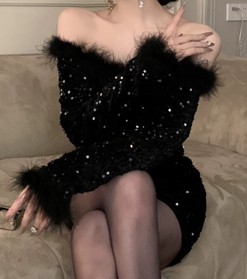 Lovely Off-Shoulder Black Mini Dress Sequins Feather Long Sleeve Bodycon Short Dress C9731