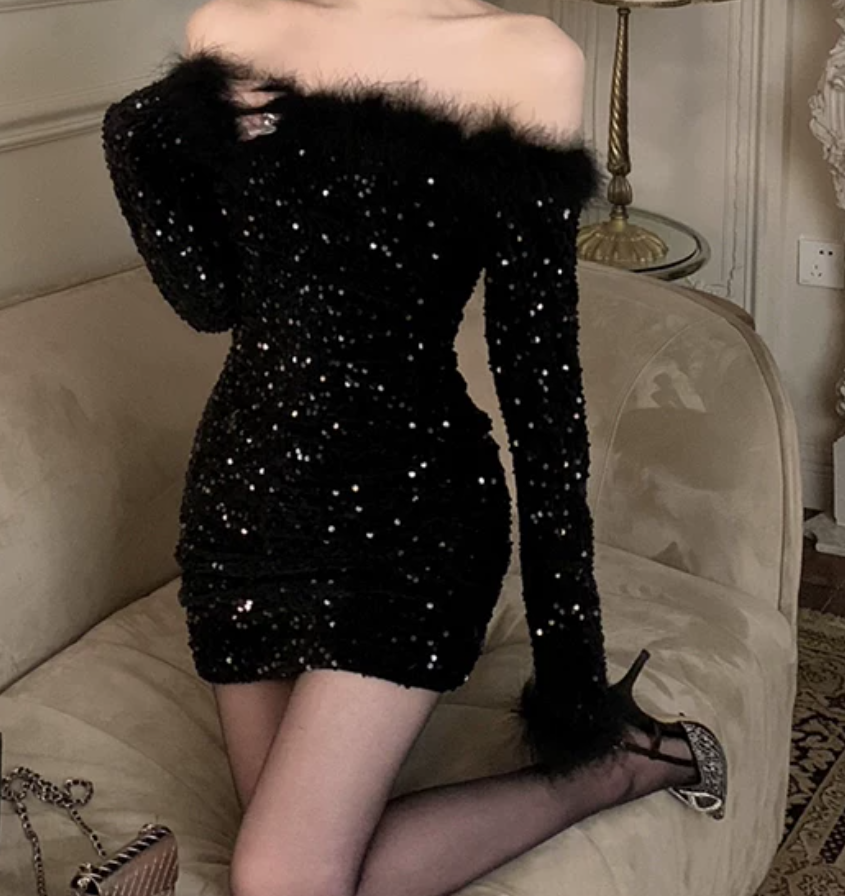 Lovely Off-Shoulder Black Mini Dress Sequins Feather Long Sleeve Bodycon Short Dress C9731