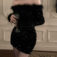 Lovely Off-Shoulder Black Mini Dress Sequins Feather Long Sleeve Bodycon Short Dress C9731