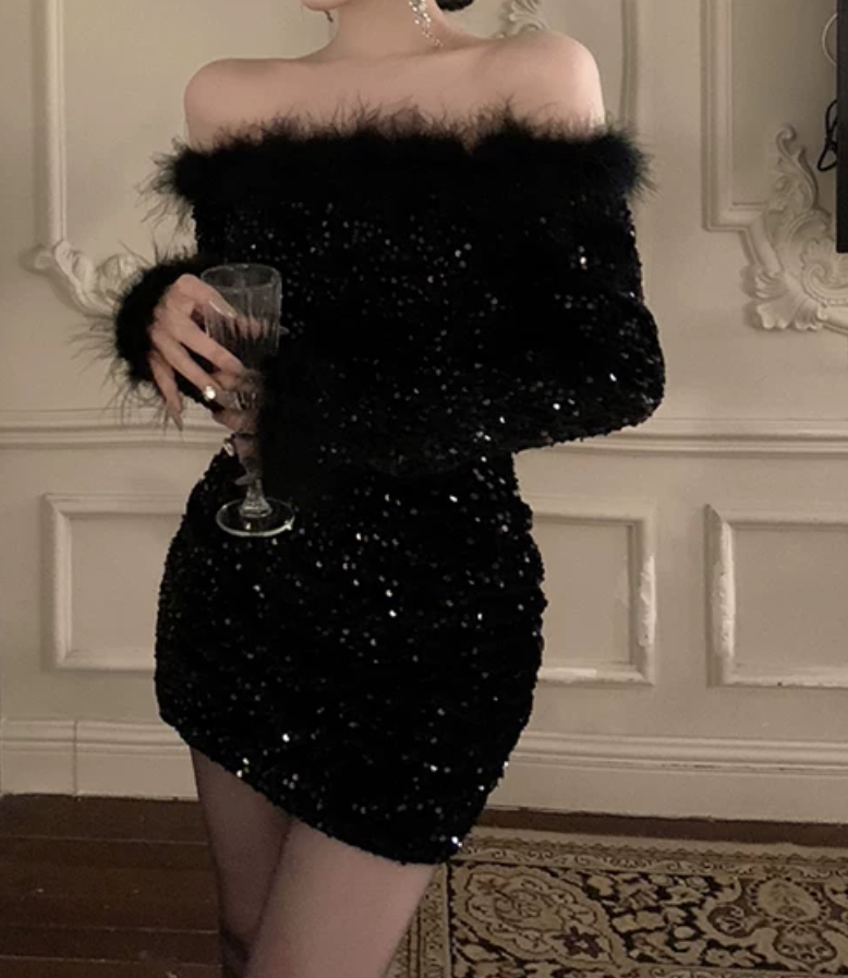 Lovely Off-Shoulder Black Mini Dress Sequins Feather Long Sleeve Bodycon Short Dress C9731