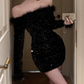 Lovely Off-Shoulder Black Mini Dress Sequins Feather Long Sleeve Bodycon Short Dress C9731