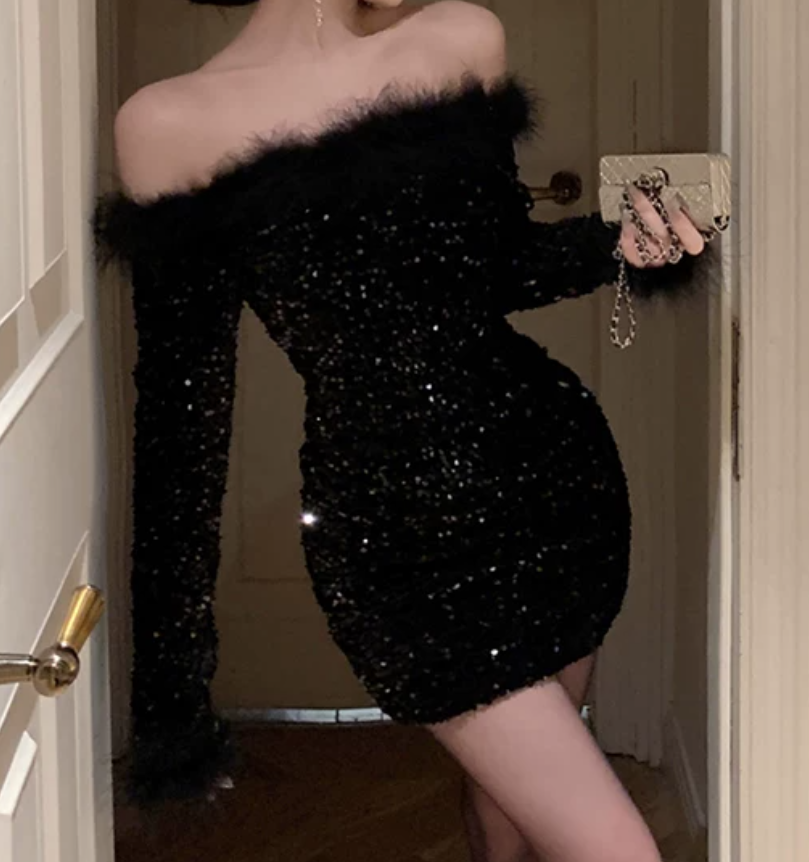 Lovely Off-Shoulder Black Mini Dress Sequins Feather Long Sleeve Bodycon Short Dress C9731