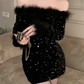 Lovely Off-Shoulder Black Mini Dress Sequins Feather Long Sleeve Bodycon Short Dress C9731