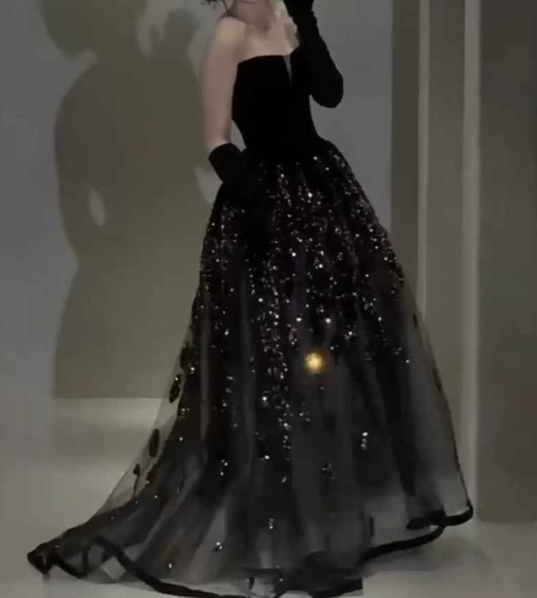 Ornate Strapless Prom Dress Black Sequins A-Line Evening Dress C9732