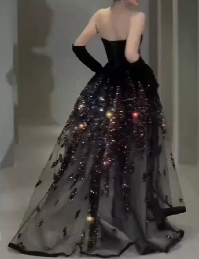 Ornate Strapless Prom Dress Black Sequins A-Line Evening Dress C9732