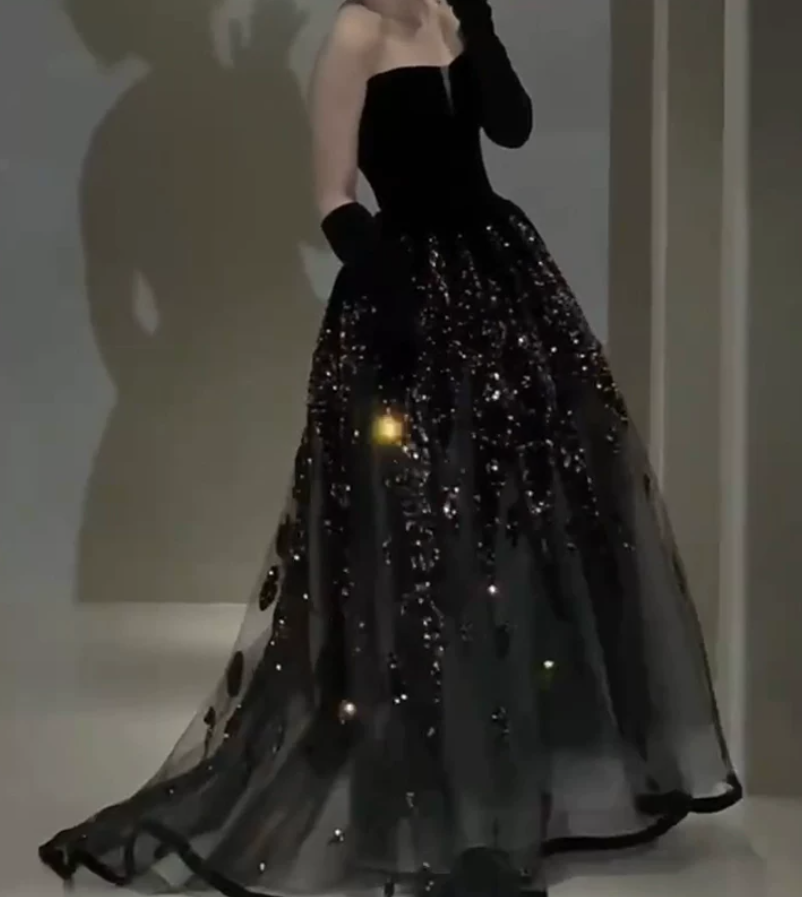 Ornate Strapless Prom Dress Black Sequins A-Line Evening Dress C9732