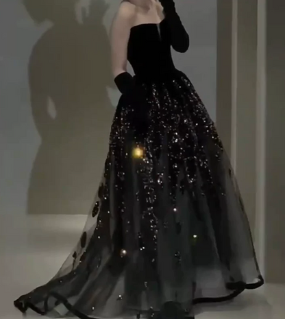 Ornate Strapless Prom Dress Black Sequins A-Line Evening Dress C9732