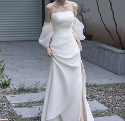 Superbe robe de mariée sirène bustier en satin et tulle, longue et en dentelle, C4563