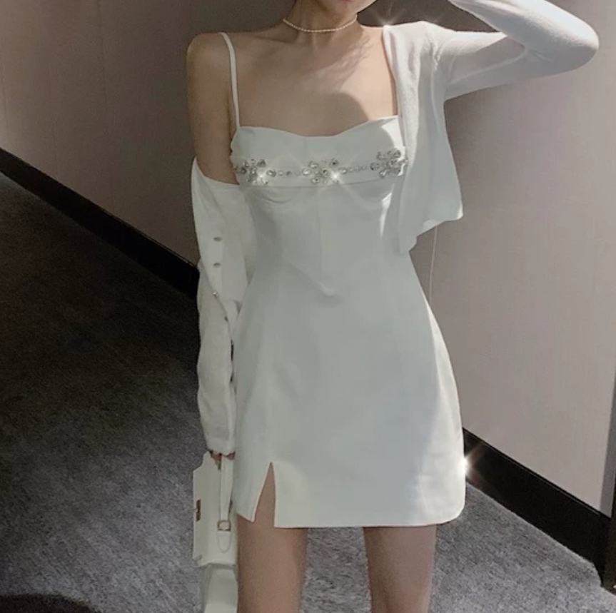 Adorable Spaghetti Straps Mini Dress White Beaded Bodycon Short Dress C9734