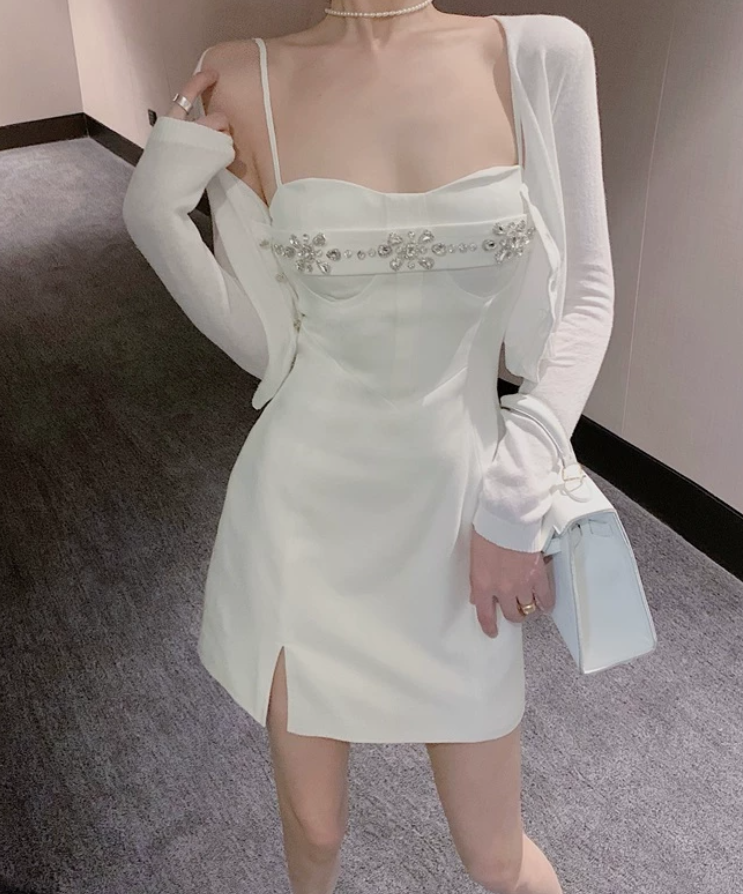 Adorable Spaghetti Straps Mini Dress White Beaded Bodycon Short Dress C9734