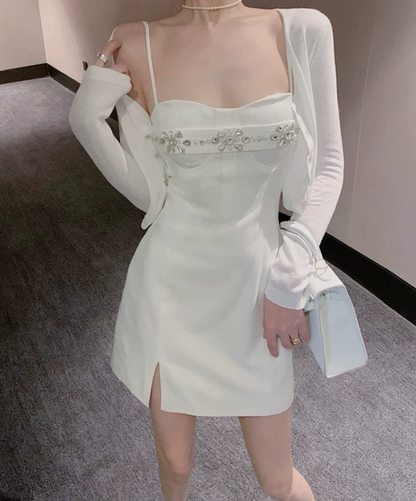 Adorable Spaghetti Straps Mini Dress White Beaded Bodycon Short Dress C9734