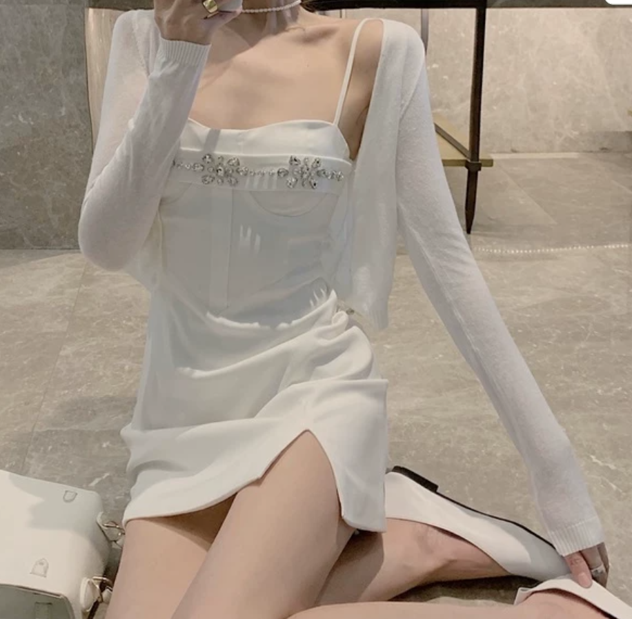 Adorable Spaghetti Straps Mini Dress White Beaded Bodycon Short Dress C9734