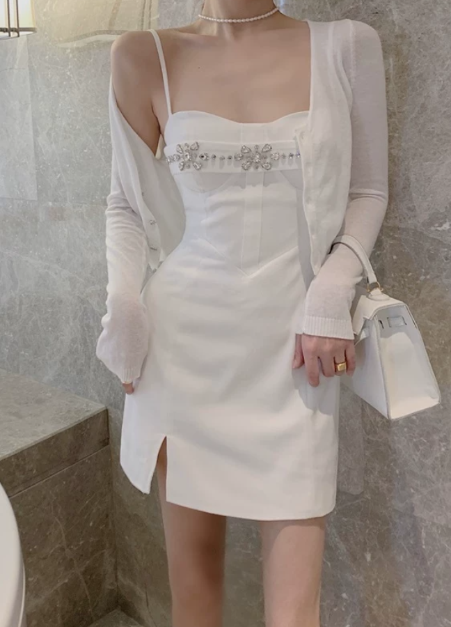 Adorable Spaghetti Straps Mini Dress White Beaded Bodycon Short Dress C9734