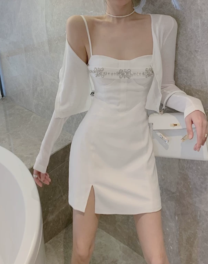 Adorable Spaghetti Straps Mini Dress White Beaded Bodycon Short Dress C9734