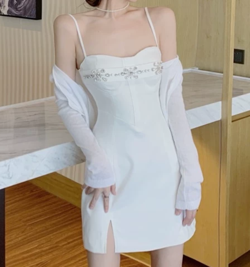 Adorable Spaghetti Straps Mini Dress White Beaded Bodycon Short Dress C9734