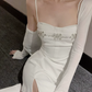 Adorable Spaghetti Straps Mini Dress White Beaded Bodycon Short Dress C9734