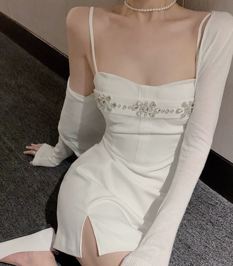 Adorable Spaghetti Straps Mini Dress White Beaded Bodycon Short Dress C9734
