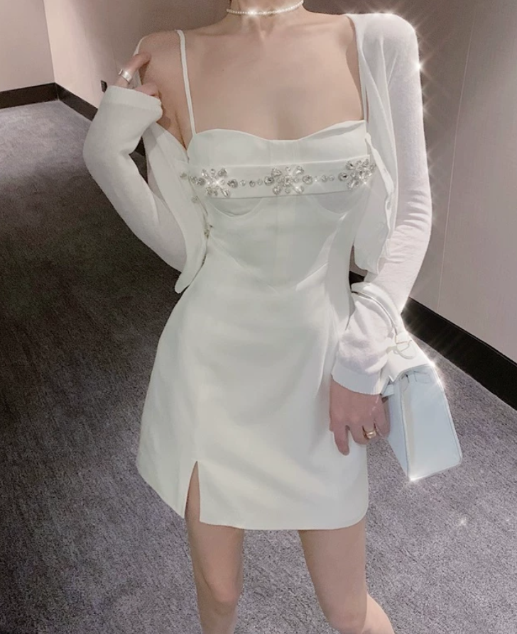 Adorable Spaghetti Straps Mini Dress White Beaded Bodycon Short Dress C9734