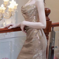 Sparkly Spaghetti Straps Gold Prom Dress Sequins Mermaid Evening Dress C9735