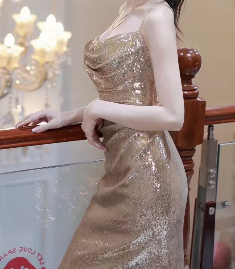 Sparkly Spaghetti Straps Gold Prom Dress Sequins Mermaid Evening Dress C9735