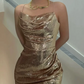 Sparkly Spaghetti Straps Gold Prom Dress Sequins Mermaid Evening Dress C9735