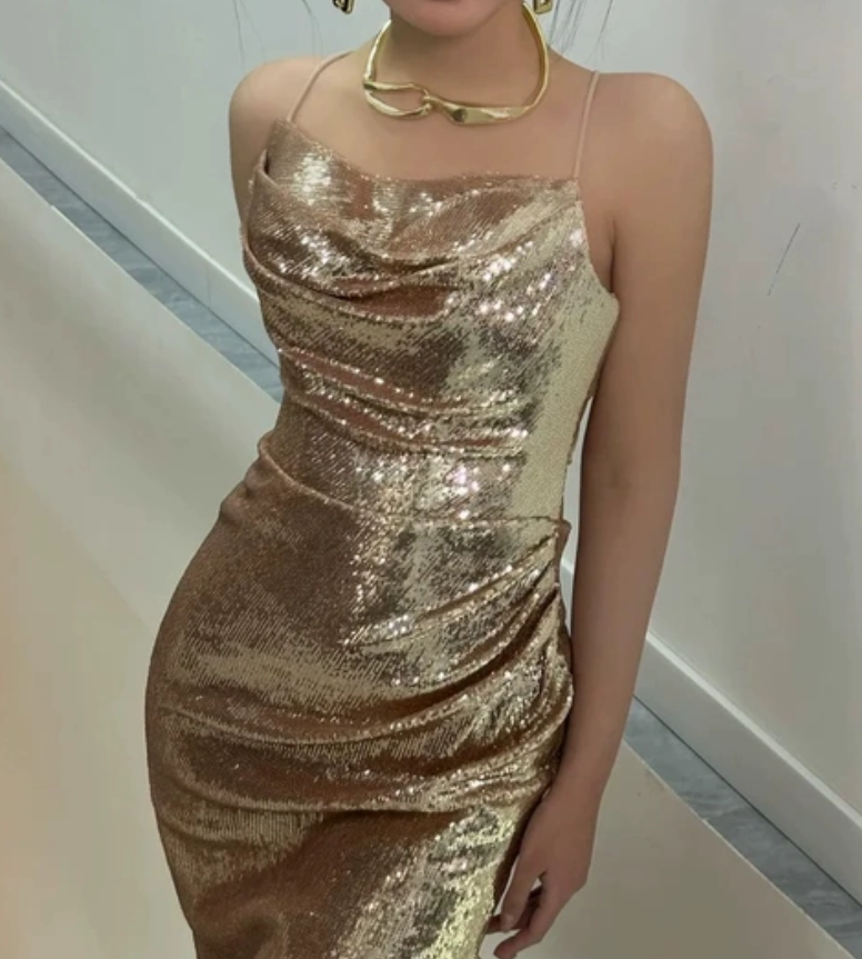 Sparkly Spaghetti Straps Gold Prom Dress Sequins Mermaid Evening Dress C9735