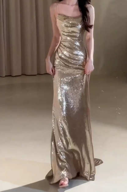 Sparkly Spaghetti Straps Gold Prom Dress Sequins Mermaid Evening Dress C9735