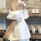 Dreamy Off-Shoulder Homecoming Dress White Satin A-Line Party Dress C9736