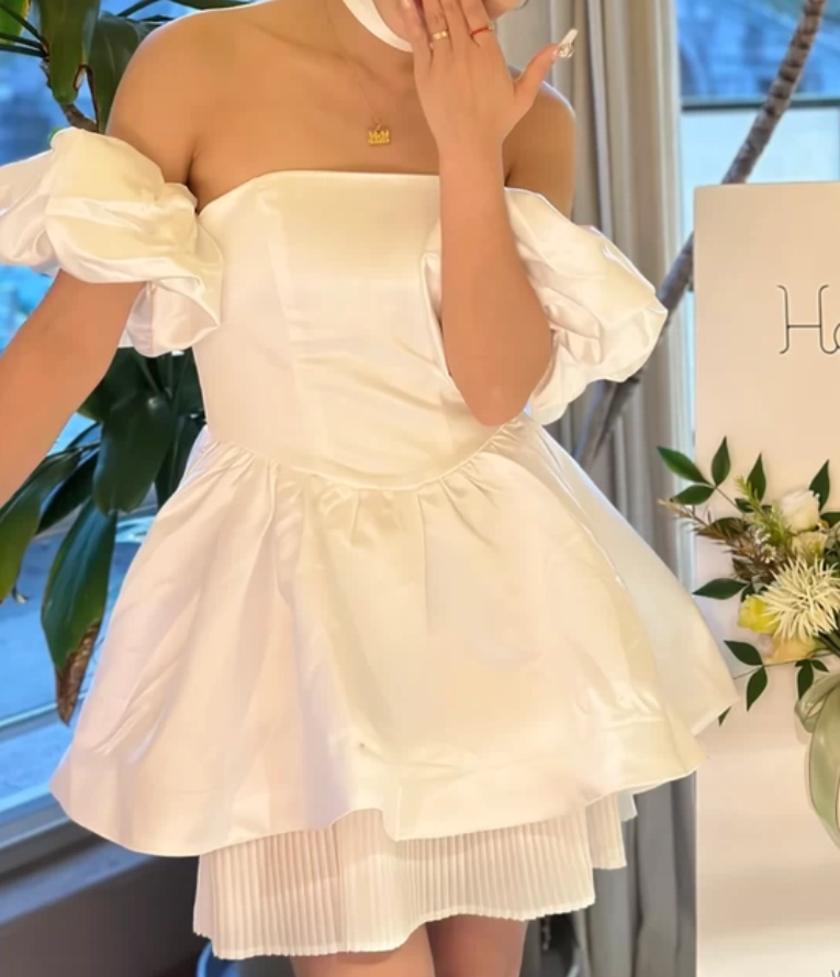 Dreamy Off-Shoulder Homecoming Dress White Satin A-Line Party Dress C9736