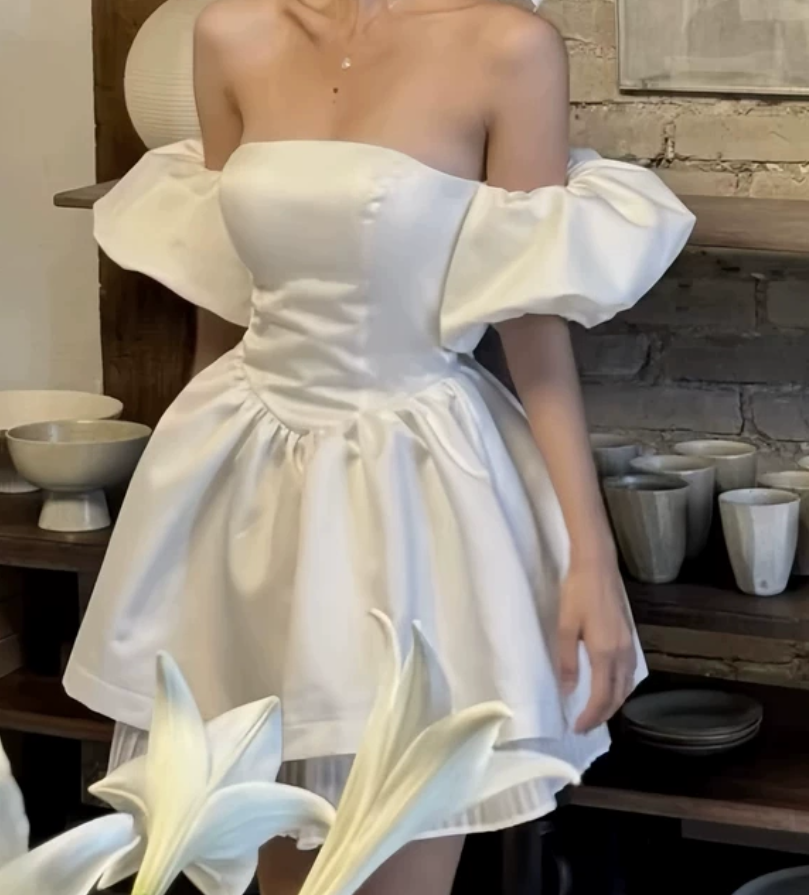 Dreamy Off-Shoulder Homecoming Dress White Satin A-Line Party Dress C9736