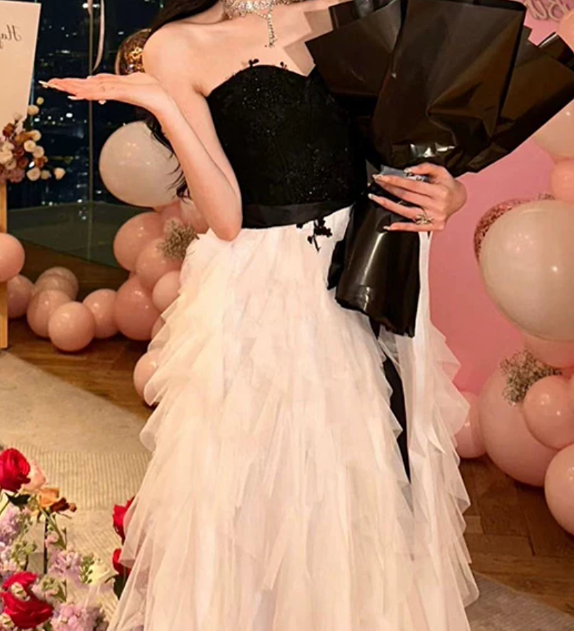 Robe de bal de princesse bustier à volants en satin long, robe de soirée C8117