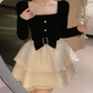 Cute Square Neck Bow Mini Dress Black Long Sleeve Beaded A-Line Short Dress C9738