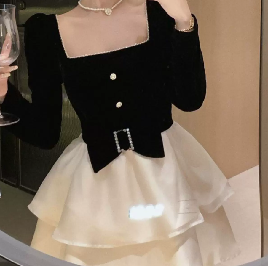 Cute Square Neck Bow Mini Dress Black Long Sleeve Beaded A-Line Short Dress C9738