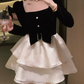 Cute Square Neck Bow Mini Dress Black Long Sleeve Beaded A-Line Short Dress C9738