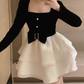 Cute Square Neck Bow Mini Dress Black Long Sleeve Beaded A-Line Short Dress C9738