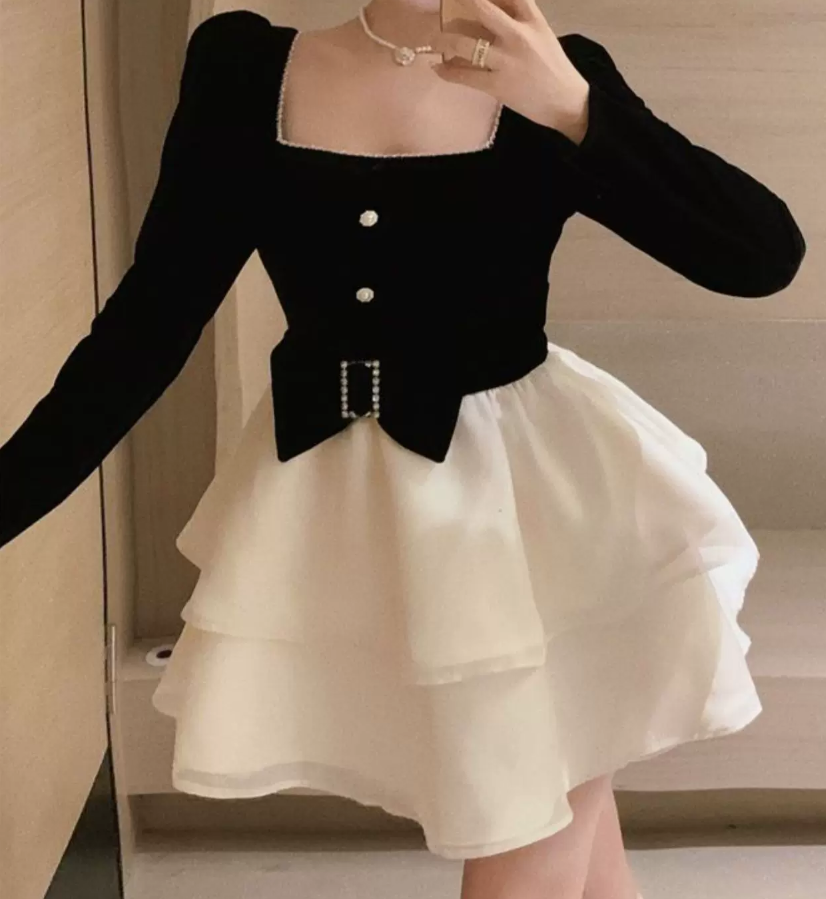 Cute Square Neck Bow Mini Dress Black Long Sleeve Beaded A-Line Short Dress C9738