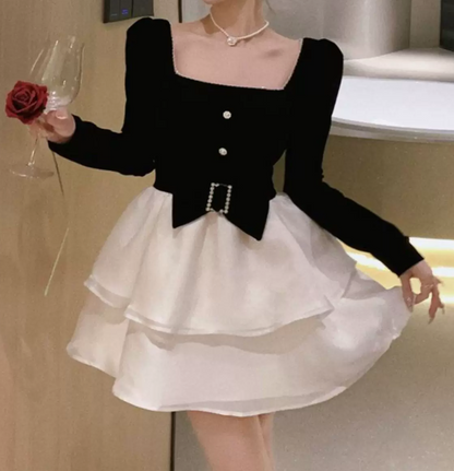 Cute Square Neck Bow Mini Dress Black Long Sleeve Beaded A-Line Short Dress C9738