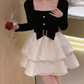 Cute Square Neck Bow Mini Dress Black Long Sleeve Beaded A-Line Short Dress C9738
