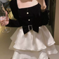 Cute Square Neck Bow Mini Dress Black Long Sleeve Beaded A-Line Short Dress C9738
