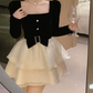 Cute Square Neck Bow Mini Dress Black Long Sleeve Beaded A-Line Short Dress C9738