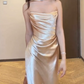 Unique Off-Shoulder Champagne Prom Dress Satin Mermaid Evening Dress C9739